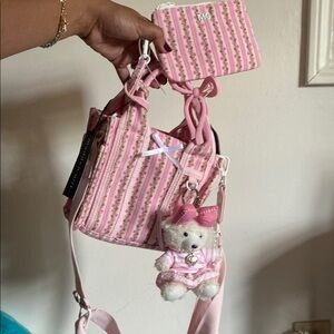 Pink Floral Stripe Mini Tote Bag with Bear Charm and Hair Clip